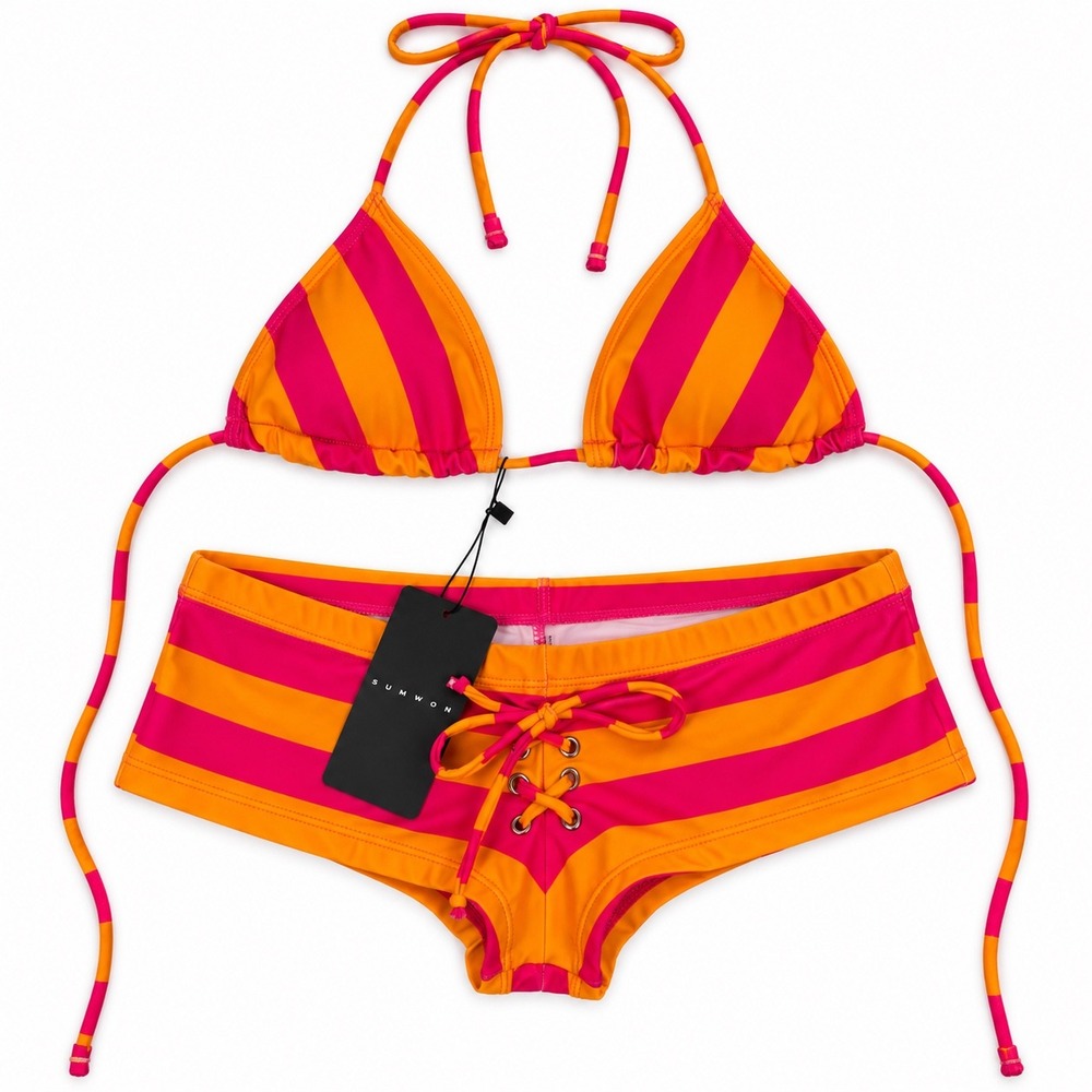 Sumwon Pink Orange Striped Bikini Set Halter Triangle Top Boy Short Bottoms M